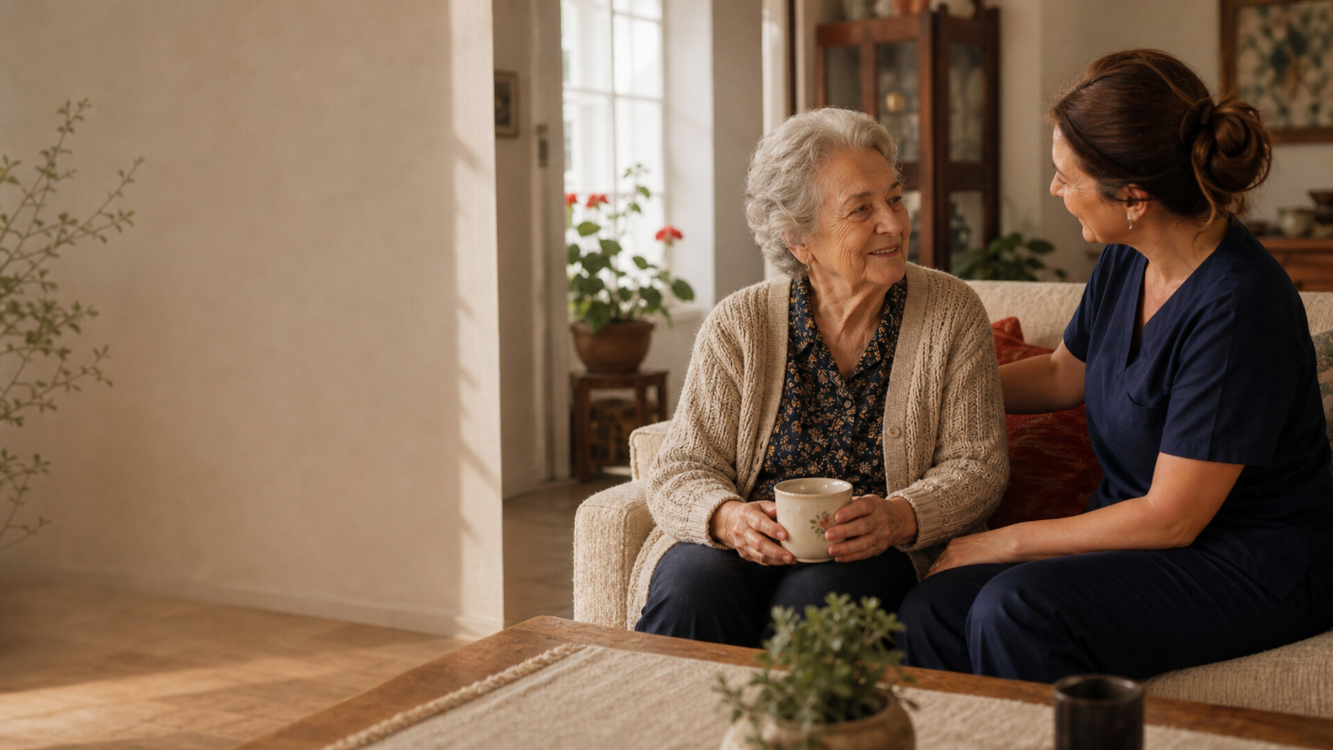 Opiekunka i seniorka rozmawiają przy oknie w ciepłym mieszkaniu